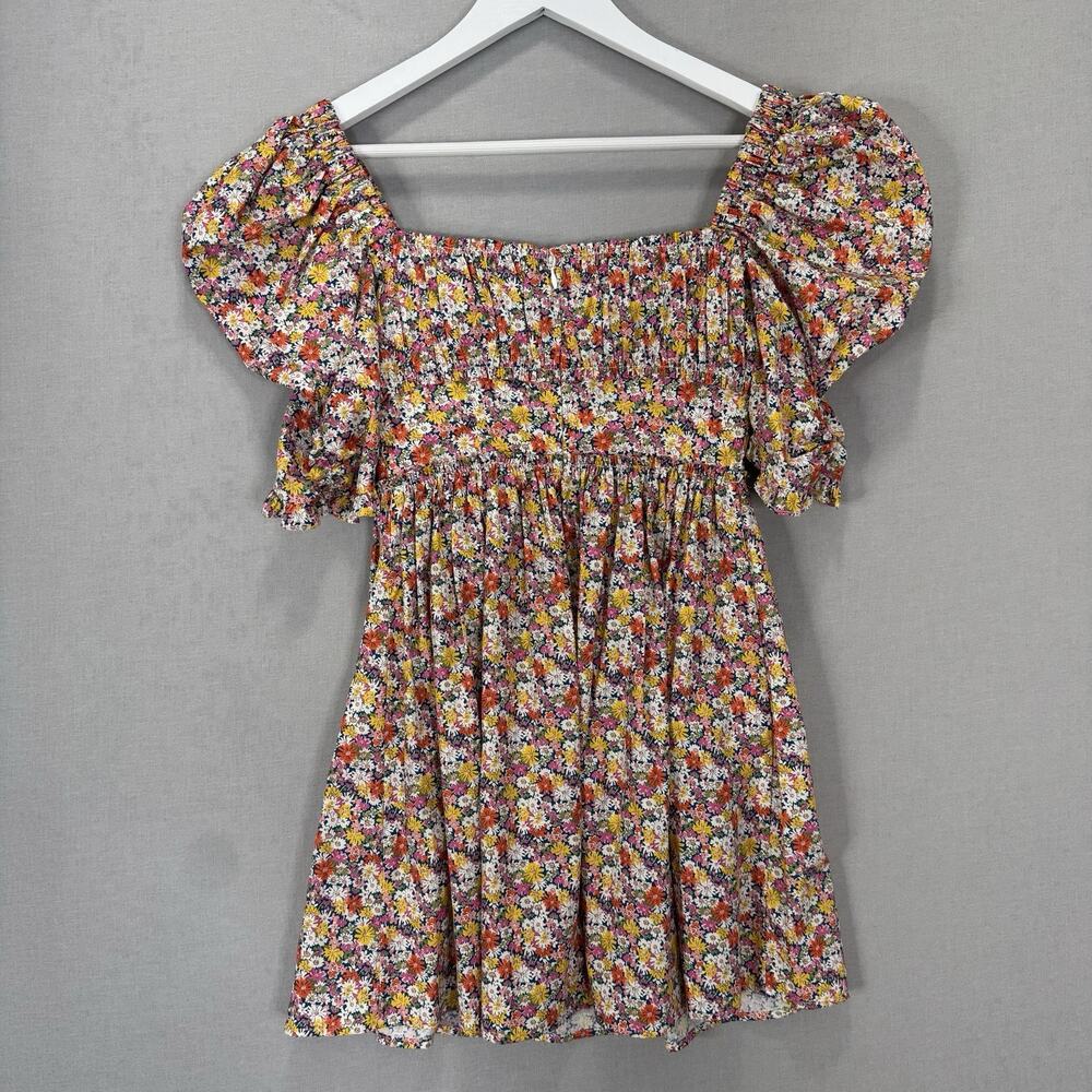 For Love & Lemons Libby Mini Dress‎ Womens XS Pink Floral Puff Sleeve Babydoll - Picture 6 of 13